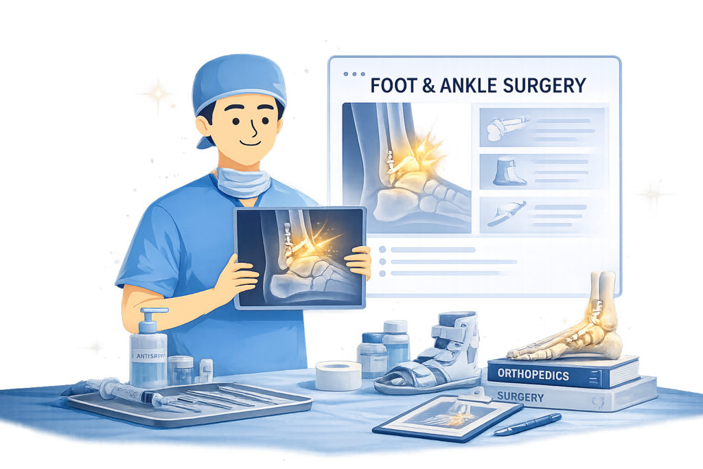 Orthopedic specialist showing ankle fracture X-ray with treatment options for Foot & Ankle Surgery in Gurgaon by Dr. (Prof.) Ravi Sauhta