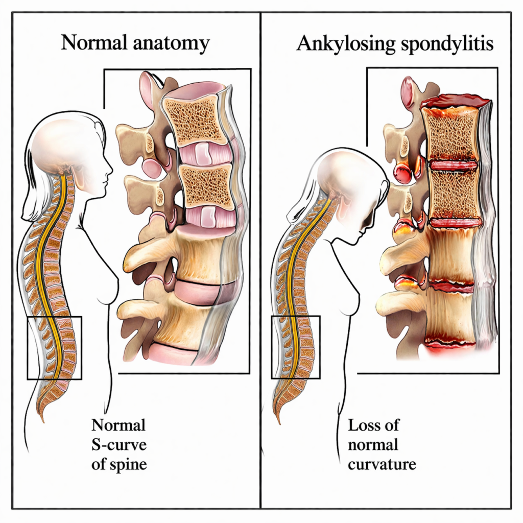 Comparison of normal spine and ankylosing spondylitis showing curvature loss treated with Structured Spondylitis Treatment in Gurgaon by Dr. (Prof.) Ravi Sauhta