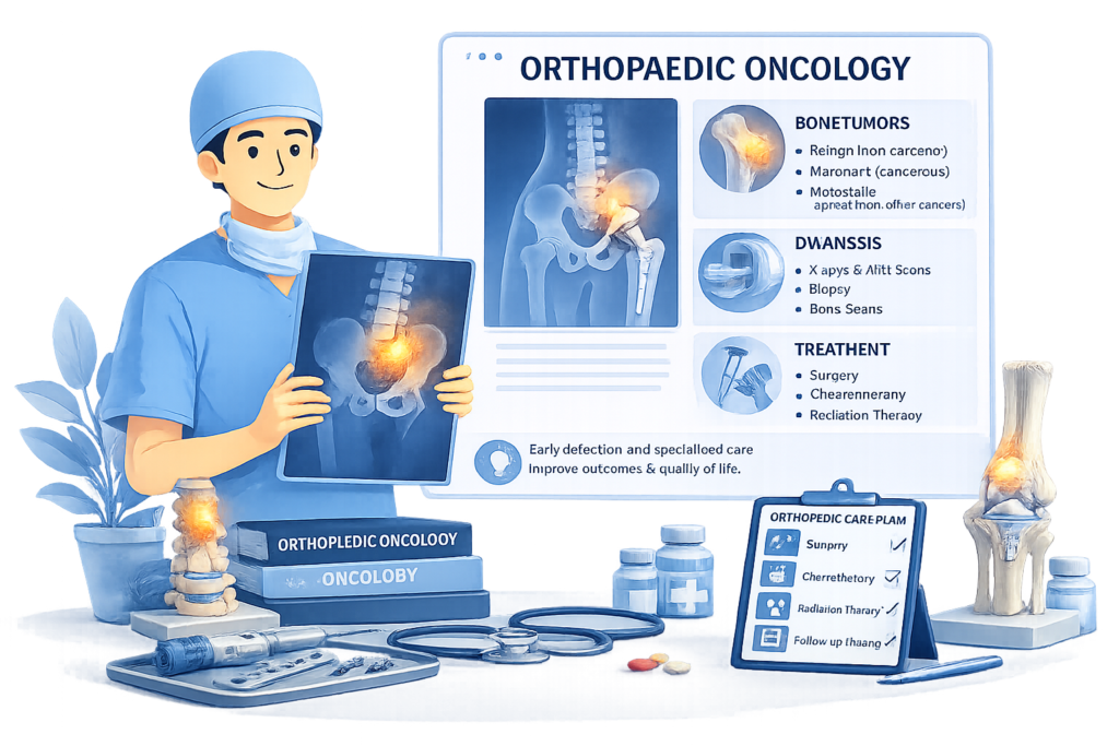 Illustration of orthopedic surgeon analyzing bone tumor X-ray for Orthopedic Oncology in Gurgaon by Dr. (Prof.) Ravi Sauhta