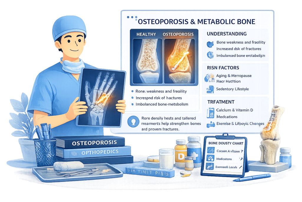 Medical illustration showing bone density comparison and fracture risk for OSTEOPOROSIS & METABOLIC BONE – Advanced Bone Health and Fragility Fracture Care in Gurgaon by Dr. (Prof.) Ravi Sauhta.