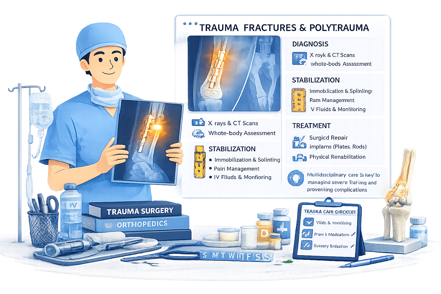 Medical illustration showing fracture diagnosis and treatment for TRAUMA, FRACTURES & POLYTRAUMA – Advanced Orthopedic Trauma Care in Gurgaon by Dr. (Prof.) Ravi Sauhta