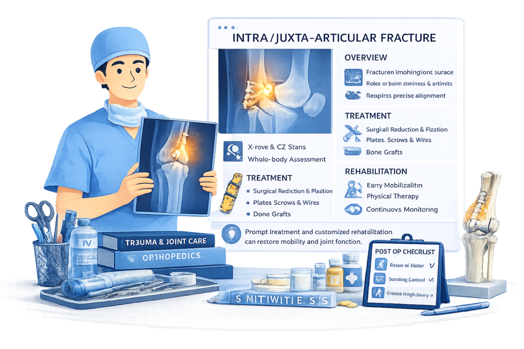 Medical illustration of knee joint fracture showing INTRA / JUXTA-ARTICULAR FRACTURE – Advanced Joint Fracture Surgery in Gurgaon by Dr. (Prof.) Ravi Sauhta.