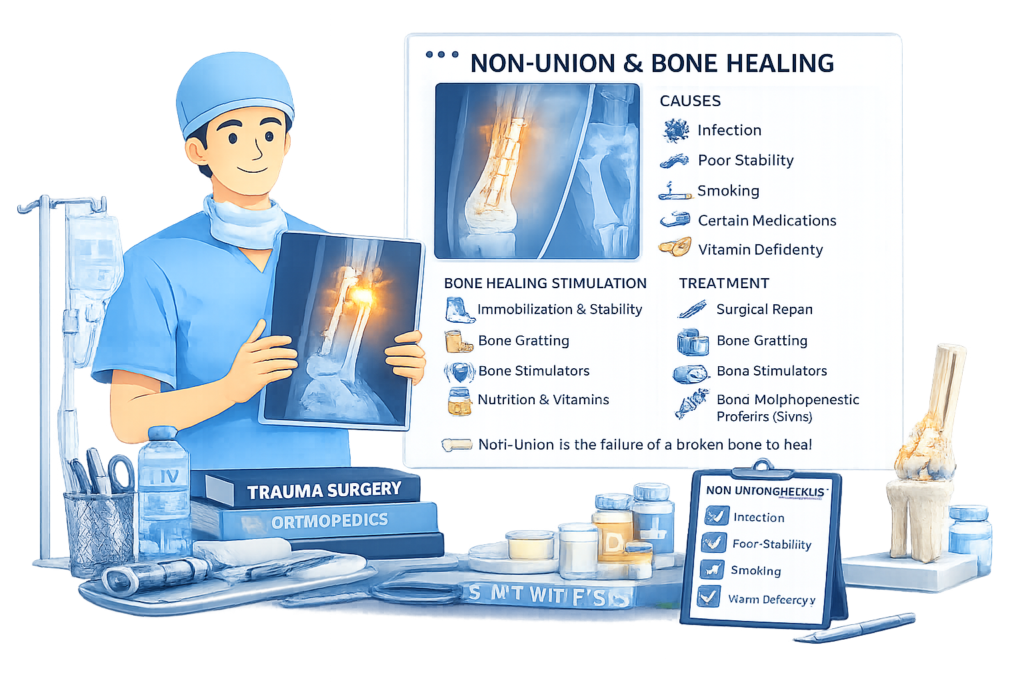 Medical illustration of bone healing and fracture treatment representing NON-UNION & BONE HEALING – Advanced Fracture Reconstruction in Gurgaon by Dr. (Prof.) Ravi Sauhta.