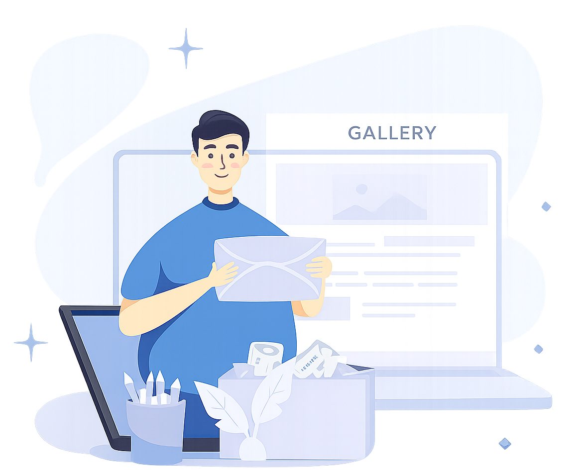 Illustration of a person organizing images on a digital screen representing Clinic Gallery in Gurgaon for Dr. (Prof.) Ravi Sauhta